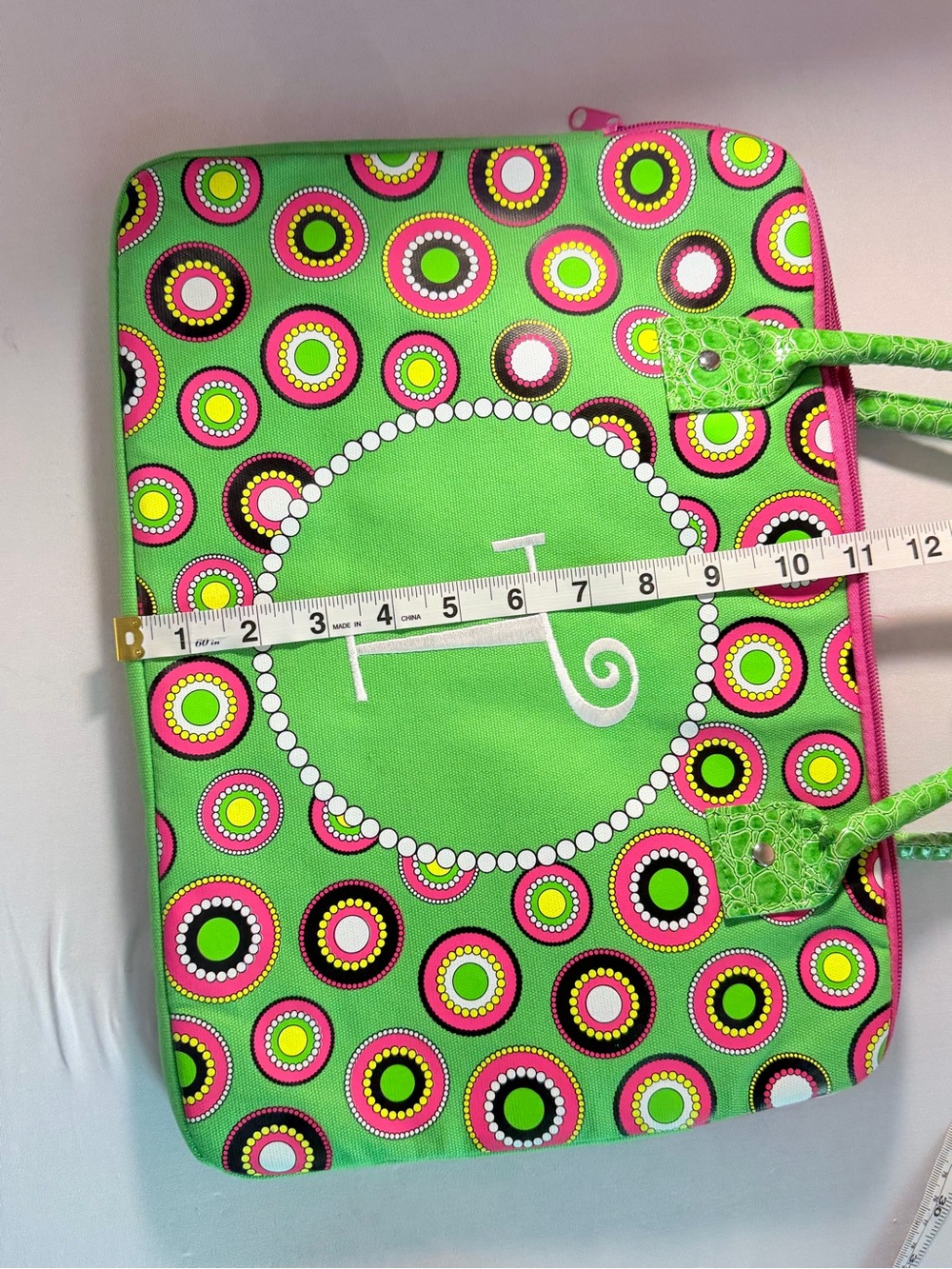 Green and Pink Patterned Laptop Bag with Initial Accent - Picture 4 of 5